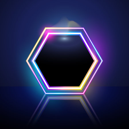Bright neon hexagon frame with colorful glowing lights and reflection on dark background. Perfect for futuristic design, posters, techno themes, and digital templates.のイラスト素材