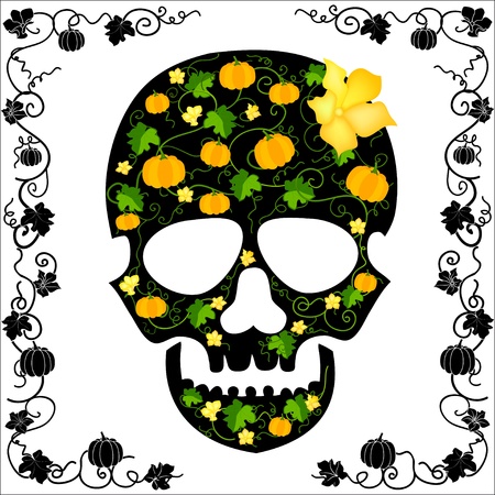 skull about flowers and pumpkinsのイラスト素材