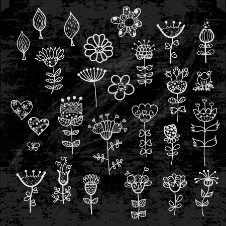 set of the flower elements drawn with chalkのイラスト素材