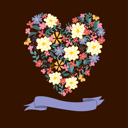 Floral Heart Card. Cute retro flowersのイラスト素材