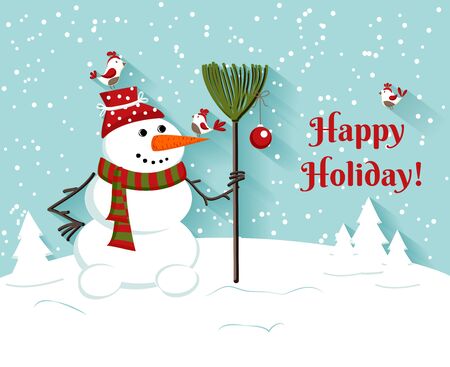 Happy Holiday snowman illustration.Greeting card. vector backgroundのイラスト素材