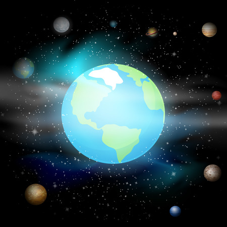 Blue planet against Universe. Solar system. Earth in space background. Vector illustrationのイラスト素材