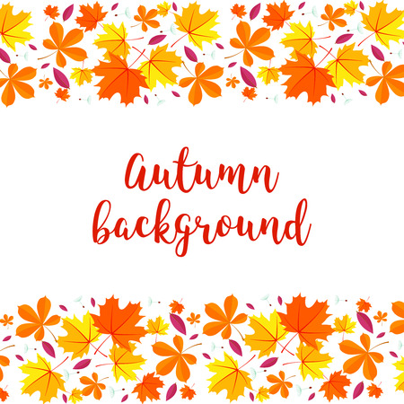 Autumn lettering background. Autumn background with yellow red and green leaves.Vector illustrationのイラスト素材