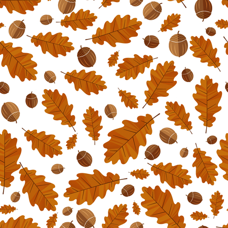 Autumn oak leaves and acorns . Seamless background.Natural elements pattern. Vector illustrationのイラスト素材