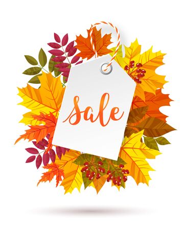 Autumn sale label. Paper label with lettering on autumn leaves background.Vector illustrationのイラスト素材