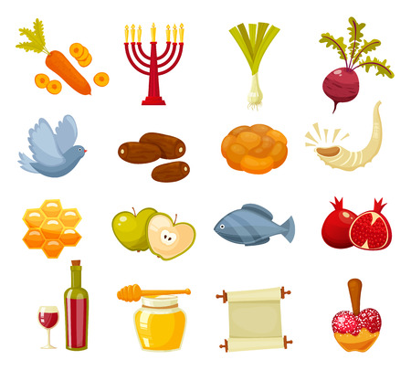 Rosh Hashanah, Shana Tova or Jewish New year cartoon flat vector icons set.Traditional symbols of Jewish new year holiday Rosh Hashanahのイラスト素材
