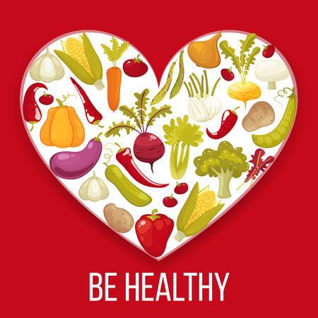 Be Healthy. Healthy life heart isolated on red background. Healthy vegitables diet advertisement poster with heart shaped assortment of pumpkin ,tomato,potato,eggplant,broccoli,carrot. Cartoon style vector illustration.のイラスト素材