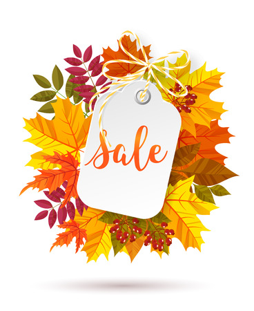 Autumn sale label. Paper label with lettering on autumn leaves background.Vector illustrationのイラスト素材