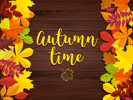 Autumn background. Frame for text decorated with autumn leaves.Wooden backgroun with autumn leaves and lettering. Vector illustrationのイラスト素材