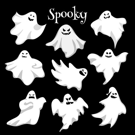 Scary white ghosts design on black background . Halloween spooky . Vector illustration.のイラスト素材