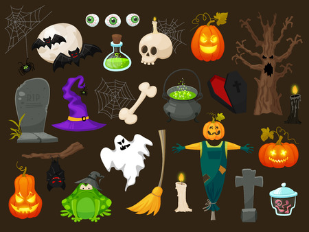 Halloween fashion flat icons isolated on broun background. Halloween vector characters. Pumpkin, witch copper, skull, coffin and other cute Halloween thingsのイラスト素材