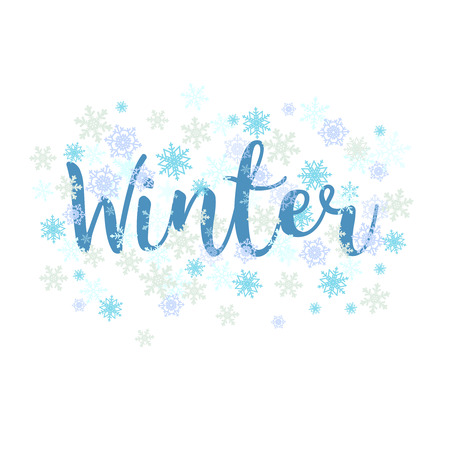 Winter. Calligraphy text and snowflakes. Lettering seasonal composition isolated on white background. Vector illustrationのイラスト素材