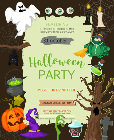 Halloween banner template. Vector background with pumpkin, ghost, candy in flat style. Great design for halloween party, menu or invitation. Retro cartoon style illustrationのイラスト素材