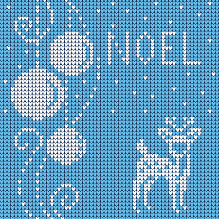 Merry Christmas Scandinavian style knitted card. White knitted deer and Christmas balls on blue wool Noel background. Vector illustrationのイラスト素材