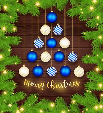 Merry Christmas. Christmas Tree Branches Border with shining stars ,christmas bouls and Lettering . Vector Illustrationのイラスト素材