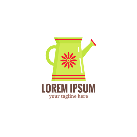 Garden tools logo. Green garden watering can with red flower isolated on white backgroundのイラスト素材
