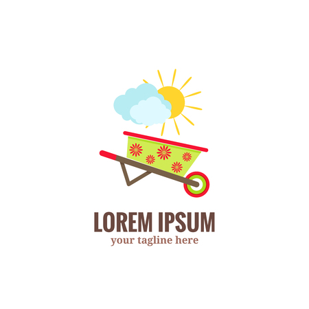 Garden tools logo. Green garden wheelbarrow with red flower drawing, clouds and sun.Flat cartoon style vector illustrationのイラスト素材