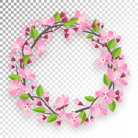 Blossoming cherry round frame for text. Apple-tree or cherry flowers and buds of branch are twisted by ring banner. Spring design isolated on transparent background. Cartoon style vector illustrationのイラスト素材