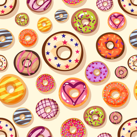 Colorful donuts with sprinkles seamless pattern. Doodle sketch style background.のイラスト素材