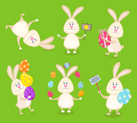 Set of cute Easter rabbits with Easter eggs and banners.のイラスト素材