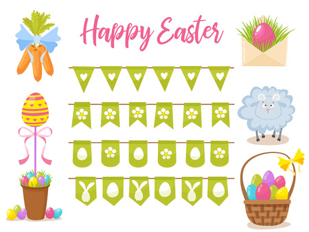 Easter party decoration vector elements. Eggs garland ,lamb, basket with eggs, carrots bouquet, letter with easter congratulation and egg tree isolated on white background.のイラスト素材