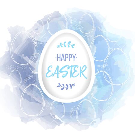 Happy Easter lettering on white paper egg. Traditional religions symbol on watercolor digital imitation background with hand drawn lineart elements. Vector illustrationのイラスト素材