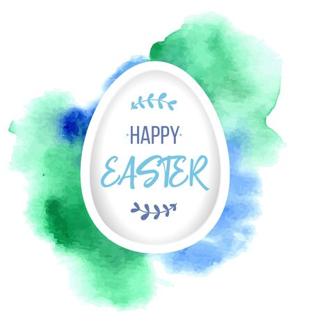 Happy Easter greeting. Paper egg with lettering on blue green watercolor background. Paper art elements holiday greeting vector illustrationのイラスト素材