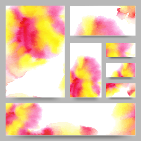 Set of Templates with Watercolor Splashes. Holi Paint Texture. Abstract Bright Colorful Banners Collection. Rainbow Colored Cards Design.のイラスト素材