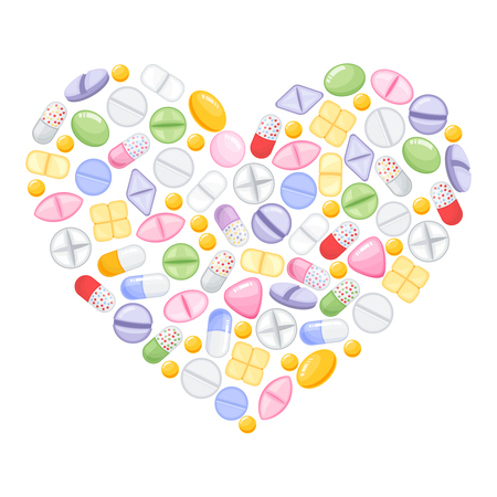 Different colorful medical pills capsules and tablets in heart.のイラスト素材