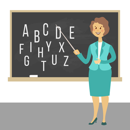 Young female teacher on lesson at blackboard in classroom. Teacher with pointer, teacher showing on board. Cartoon style vector illustrationのイラスト素材