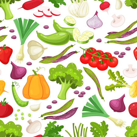 Assorted vegetables vector seamless pattern on white background. Pattern with colored vegetable. Cartoon stylevector illustration of harvest vegetableのイラスト素材