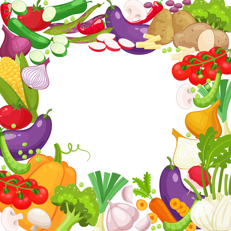 Vector frame of fresh vegetables. Raw vegetables with sliced pepper, eggplant, garlic, mushroom, courgette, tomato onion,cucumber,pumpkin cartoon style illustrationのイラスト素材