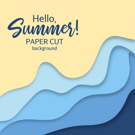 Paper art cartoon abstract waves in realistic trendy craft style. Modern origami design template. Concept inspiration or idea for your projects. Vector illustration.のイラスト素材