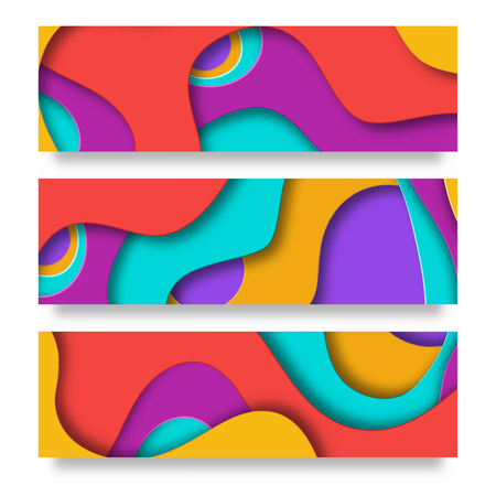 Vertical banners with 3D abstract background with paper cut shapes. Vector design layout for business presentations, flyers, posters and invitations. Colorful carving art - blue, yellow and violetのイラスト素材