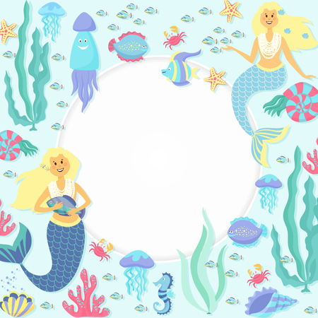 Greeting banner on the marine theme. Cute mermaids, seashells, marine animals.Underwater life collection.Fish girls vector characters. Swimming pretty princess mermaids card.のイラスト素材
