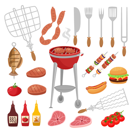 Bbq barbecue isolated elements set with outdoor grill rig bottles of sauce raw food and flatware . Cartoon style vector illustrationの素材 [FY31082877916]