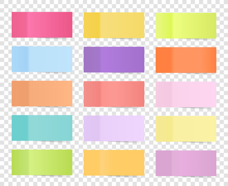 Post note sticker set isolated on transparent background. Paper sticky tape with shadow. Office color post sticks for advertising design. Vector illustrationのイラスト素材