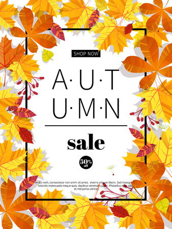 Autumn sales banners for web or print. Fall season sale and discounts banner. Colorful autumn leaves headline and sale invintation on wite background. Vector illustrationのイラスト素材