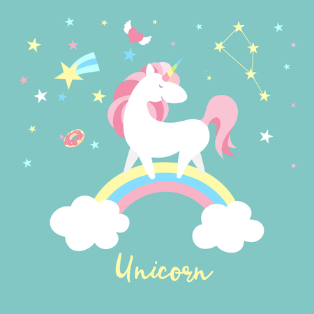 Unicorn character set. Cute magic collection with unicorn, rainbow, heart ,fairy wings and balloon. Catroon style vector illustrationのイラスト素材