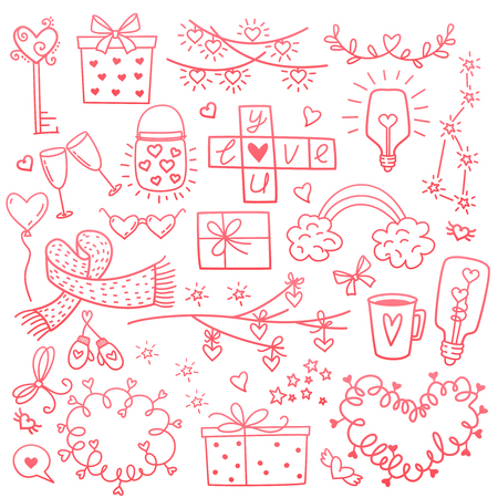 Happy valentines day and weeding design elements. Vector illustration. Pink Background With Ornaments, Hearts. Doodles and curls. Be my Valentine.のイラスト素材