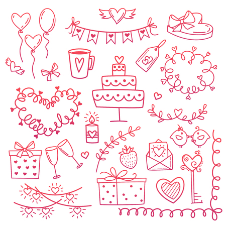 Set of hand drawn doodle love elements for wedding, Valentine s Day card, sticker, stamp design. Vector illustration with heart, love, speech bubble, arrow, lettering text. Hand drawn sketch style.のイラスト素材