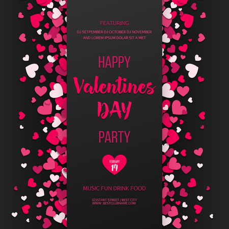 Happy Valentines day party flyer. Love and hearts feast invitation. Pink and red hearts confetti on black background.のイラスト素材