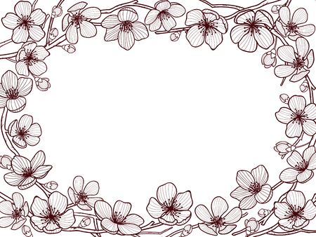 Hand drawm spring card template. Cherry or apple tree blossoms on branches and place for your text in the center. Doodle style vector illustrationのイラスト素材