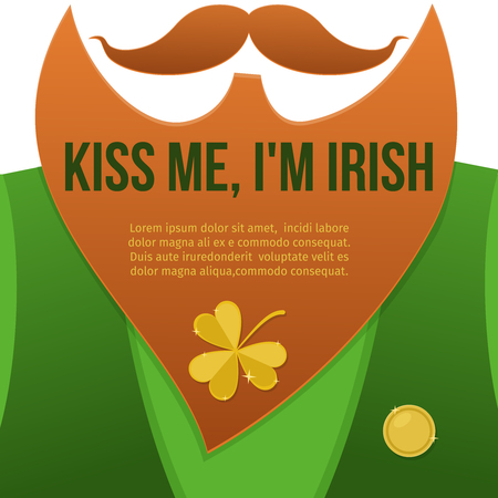 Kiss me, I'm Irish. Saint Patrick Day character. Leprechaun with green suit, red beard, and no face. Background for posters, invitations, web banners and greeting card. Paper cutout style vector illustration.のイラスト素材