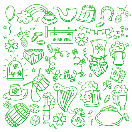 St. Patrick s Day icons set isolated on white background. Hand drawn doodle style vector illustration.のイラスト素材