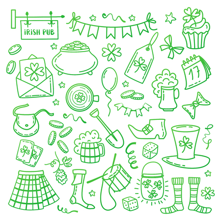 Saint Patricks Day objects. Traditional Irish holiday symbols pot of gold coins, shamrocks, green hat and horseshoe isolated on white background. Hand drawn doodle style vector illustration.のイラスト素材