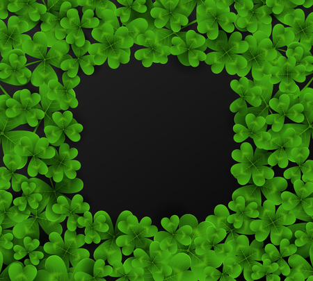 Saint Patrick s Day frame with green four and tree leaf clovers on black background. Vector illustration. Party invitation design, typographic template. Lucky and success symbolsのイラスト素材