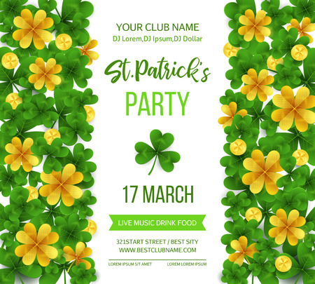 Saint Patrick s Day poster with green four and tree leaf clovers on white background. Vector illustration. Party invitation design, typographic template. Lucky and success symbolsのイラスト素材