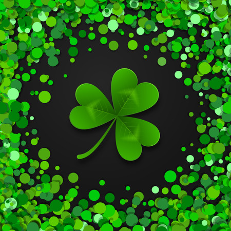 Saint Patrick s Day frame with green four and tree leaf clovers on black background. Vector illustration. Party invitation design, typographic template. Lucky and success symbolsのイラスト素材