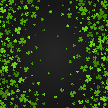 Saint Patrick s Day border with green four and tree leaf clovers on black background. Vector illustration. Party invitation design, typographic template. Lucky and success symbolsのイラスト素材